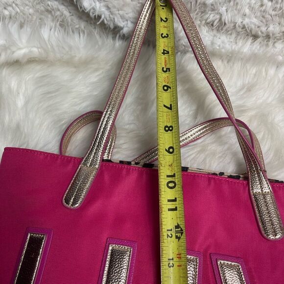 Luv Betsey by Betsey Johnson hot pink fabric Tote faux leather gold straps - Picture 11 of 13